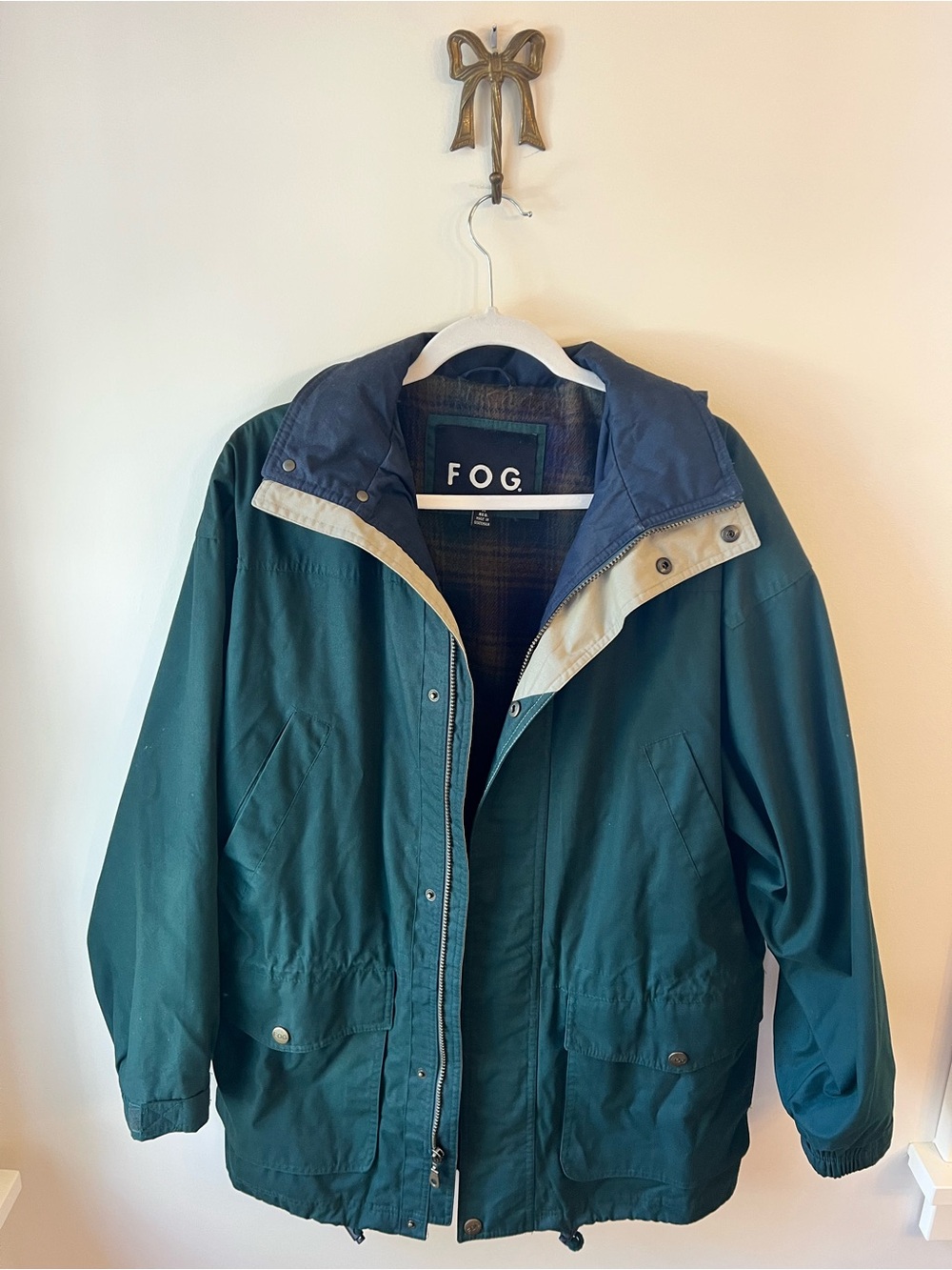 FOG by London Fog Hooded Anorak Jacket Plaid Lined Utility Rain Jacket Y2K M